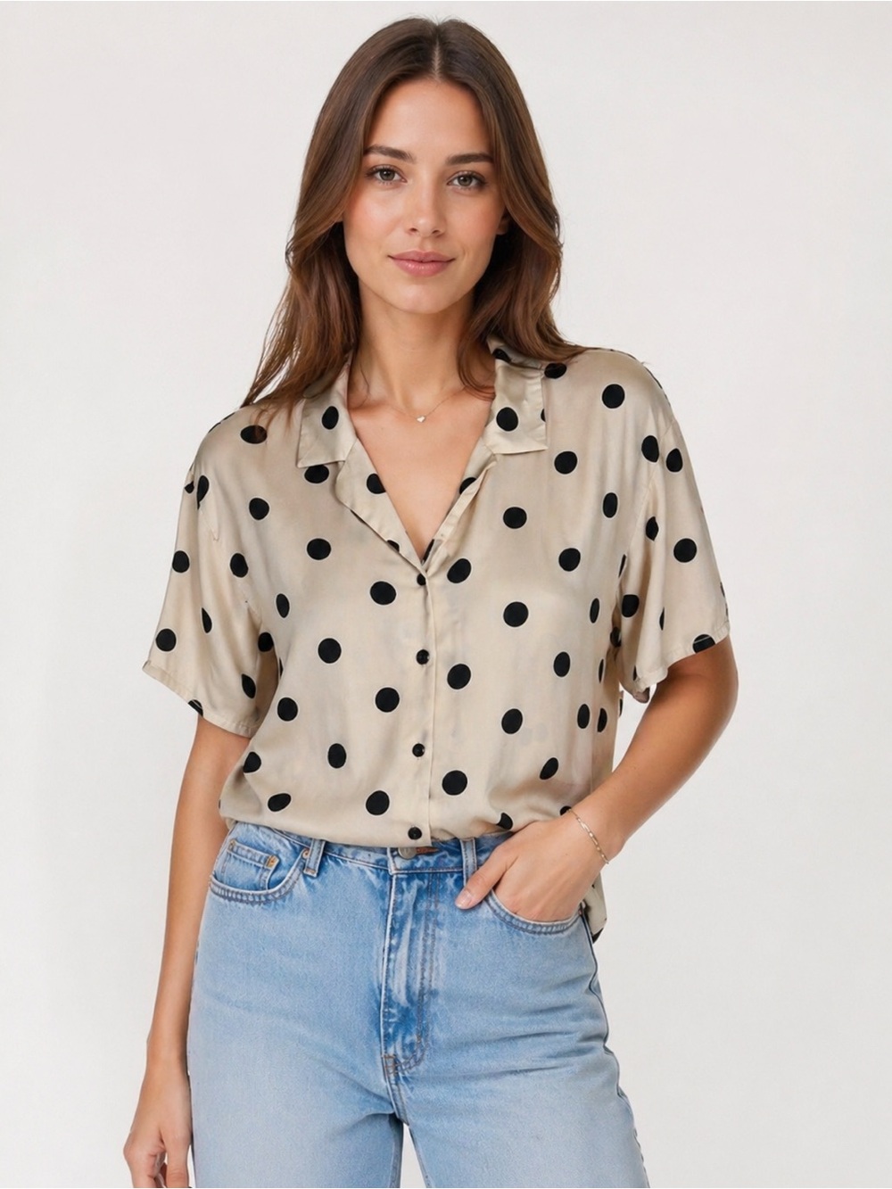 TU Women's Summer Short Sleeve Polka Dot Printed Button-Down Blouse Size 14